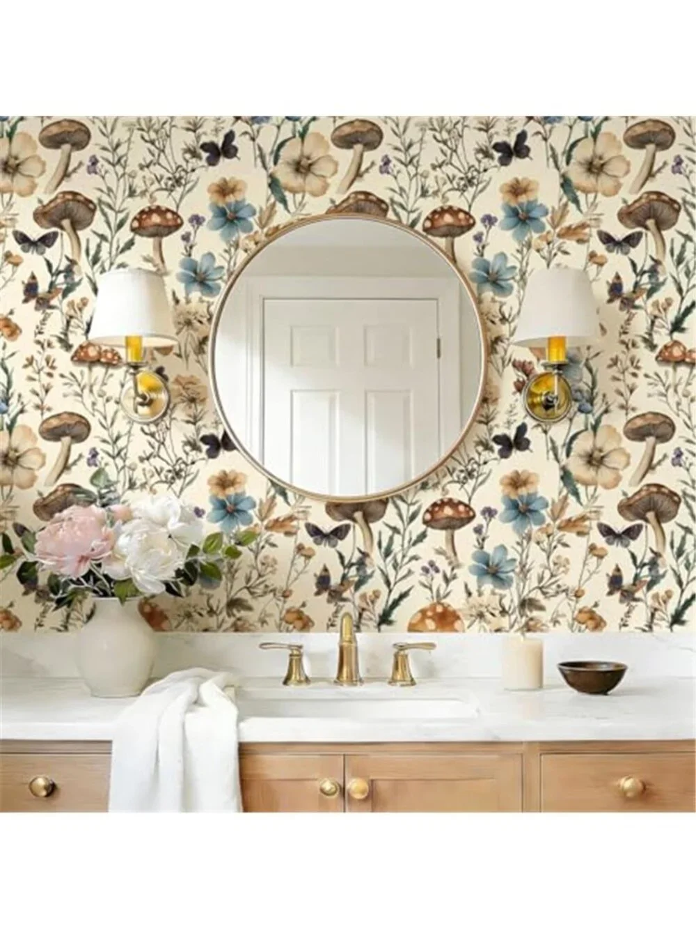 Mushroom Forest Peel Stick Wallpaper Boho Vintage Floral Contact Paper Beige